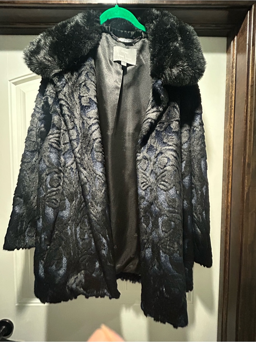 dennis basso Black and navy embossed Faux Fur Coat with Plush Collar